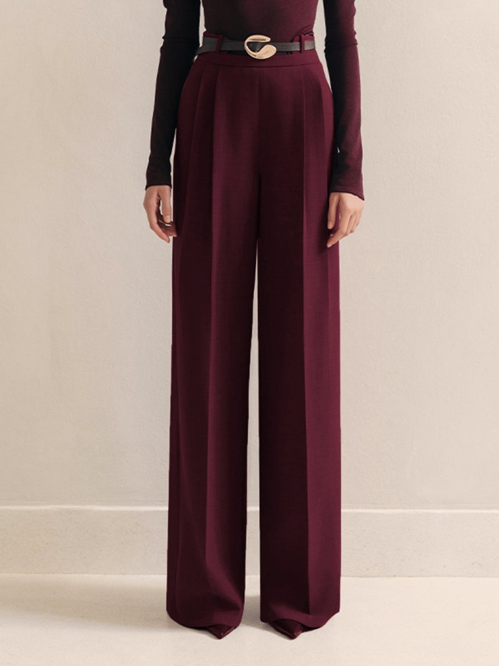 Commense Metal-Belt Pleated High-Waist Pants